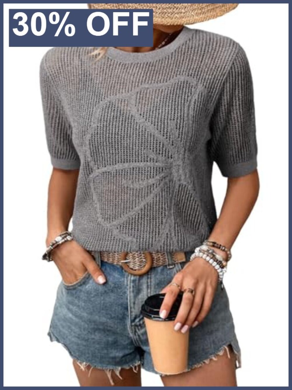 Crochet Hollow Out Floral Short Sleeve Sweater Beach Vacation Cruise Top